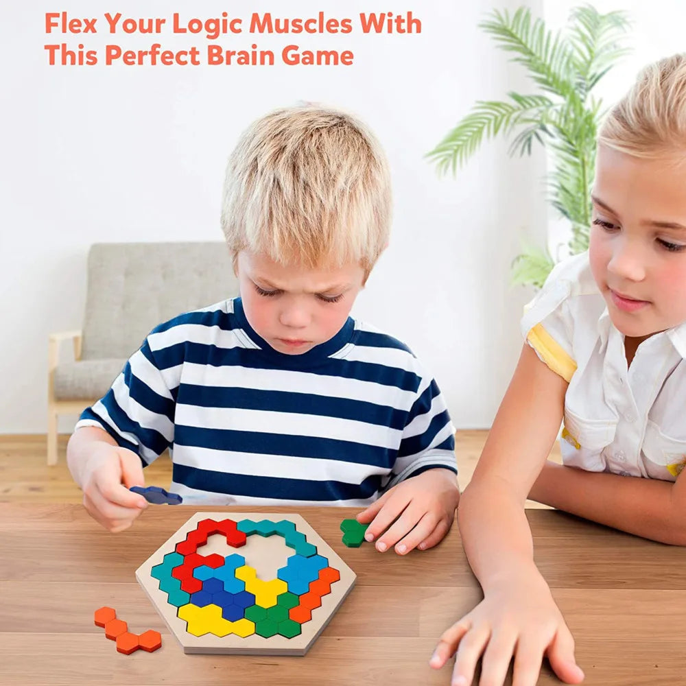 Two children playing with a colorful puzzle on a wooden table.