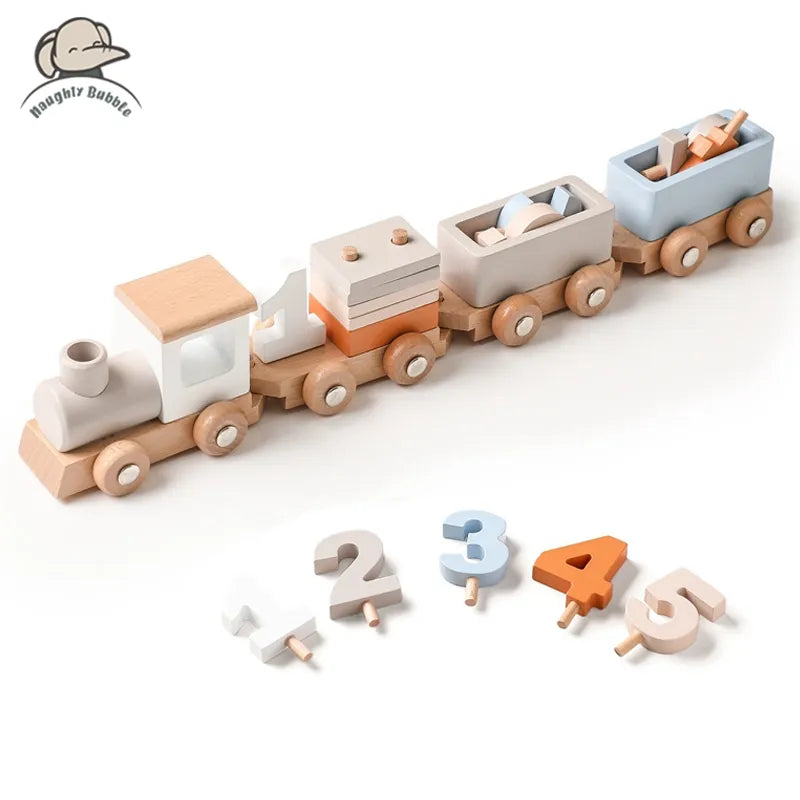 Wooden toy train set with numbered carriages on a white background