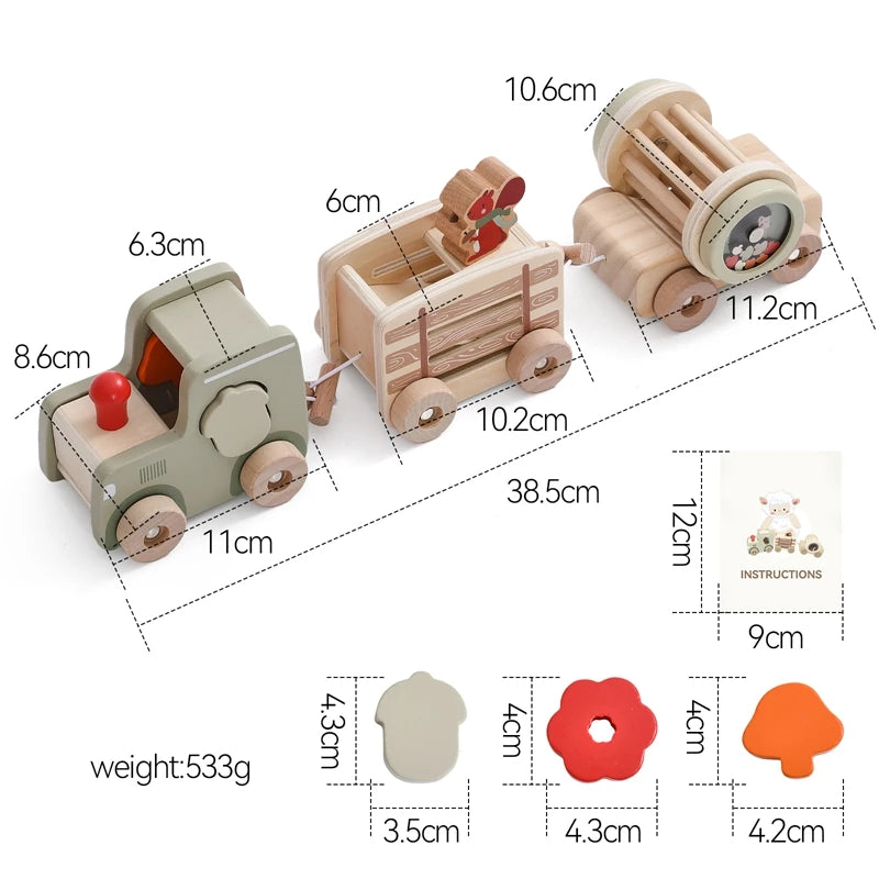 Wooden toy set with measurements and dimensions on a white background