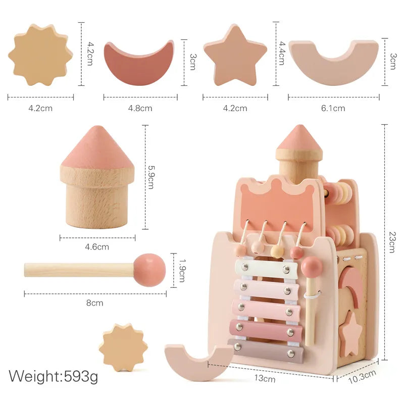 Wooden toy with measurements and weight details on a white background
