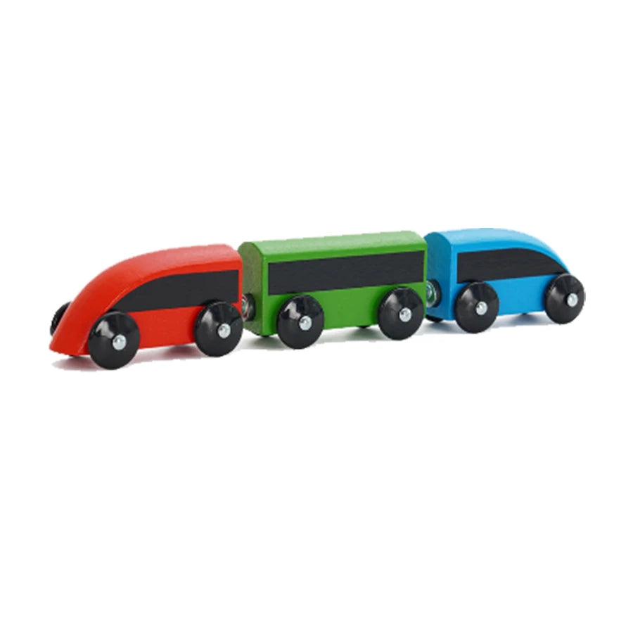 Three toy cars in red, green, and blue on a white background