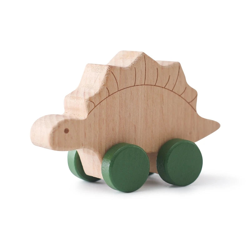 Wooden toy hedgehog with green wheels on a white background