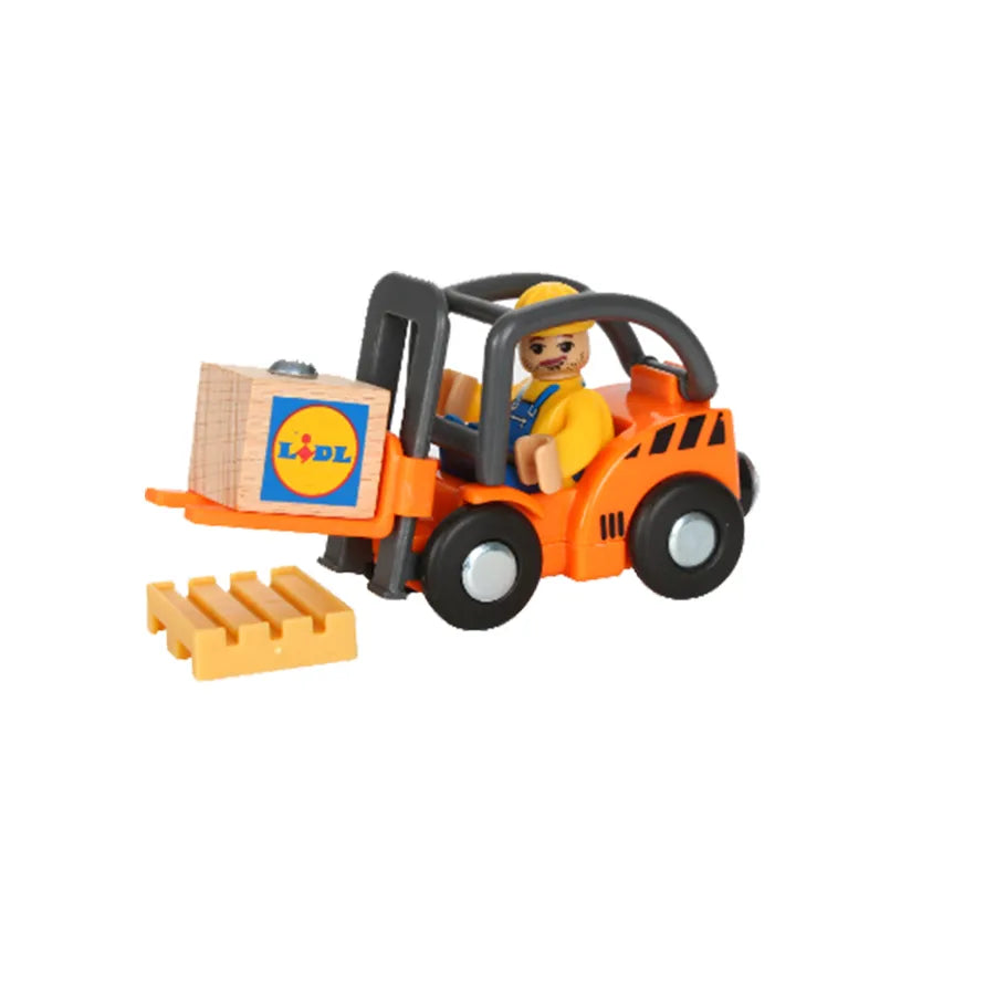 Toy forklift with driver figure and Lidl packaging on a white background