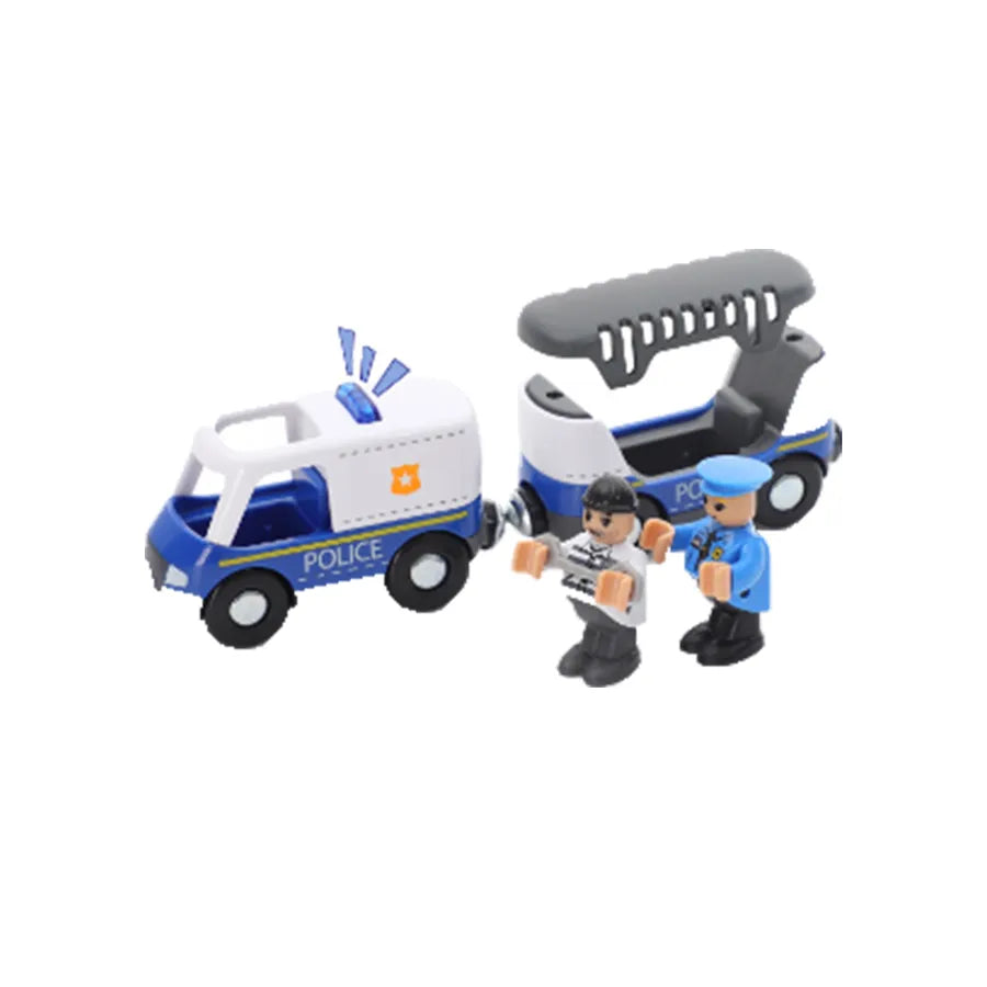 Toy police vehicle and figures on a white background