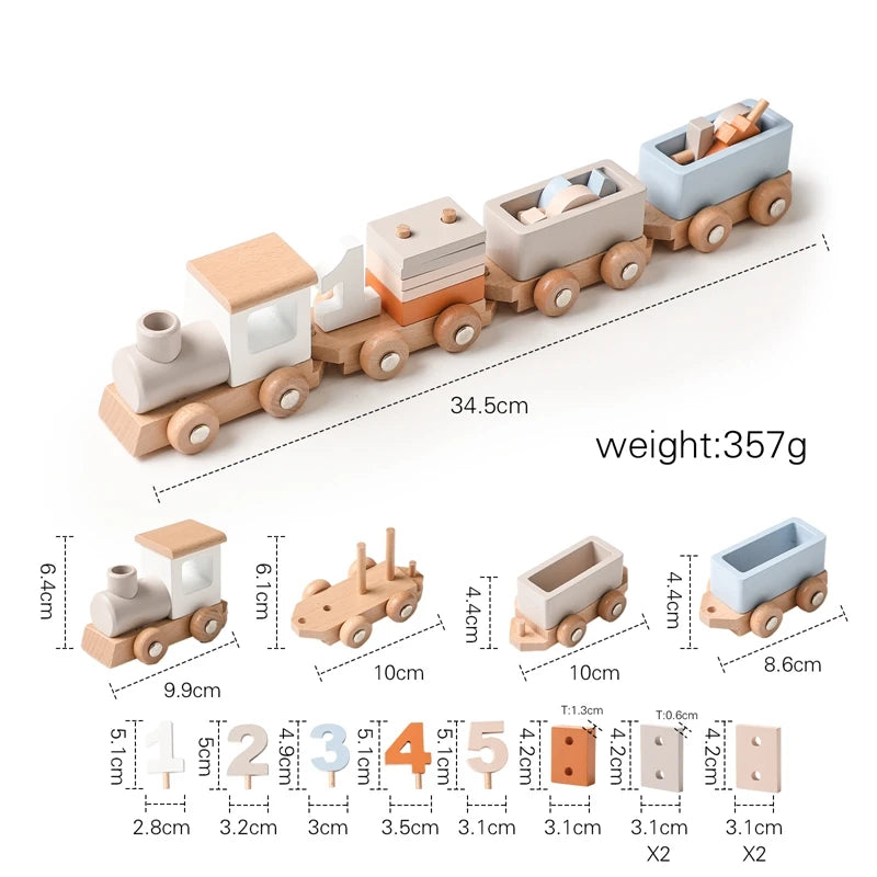 Wooden toy train set with measurements and weight on a white background