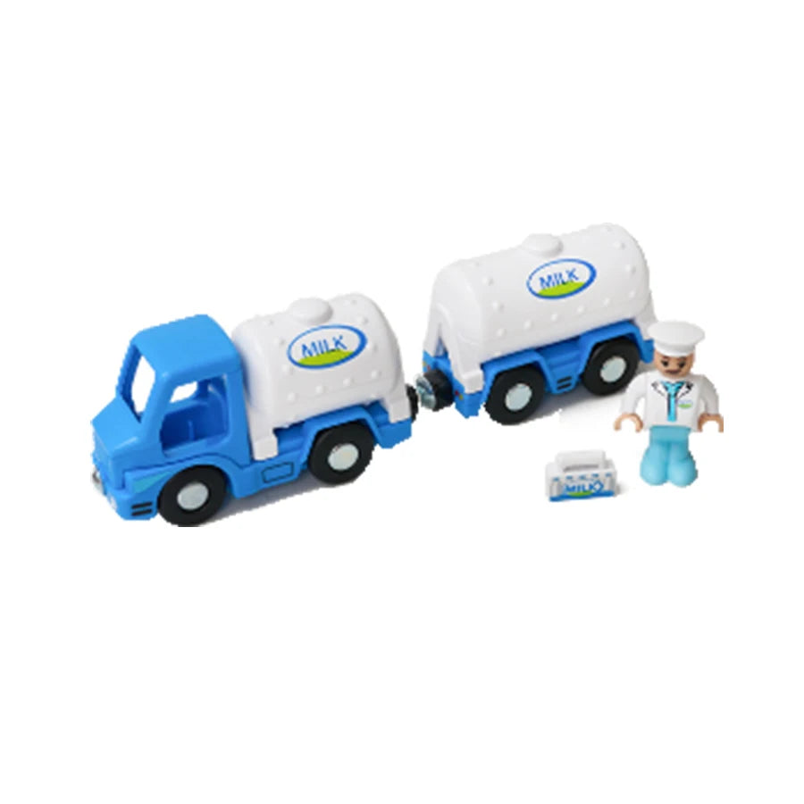 Toy milk delivery truck set with a driver figure on a white background