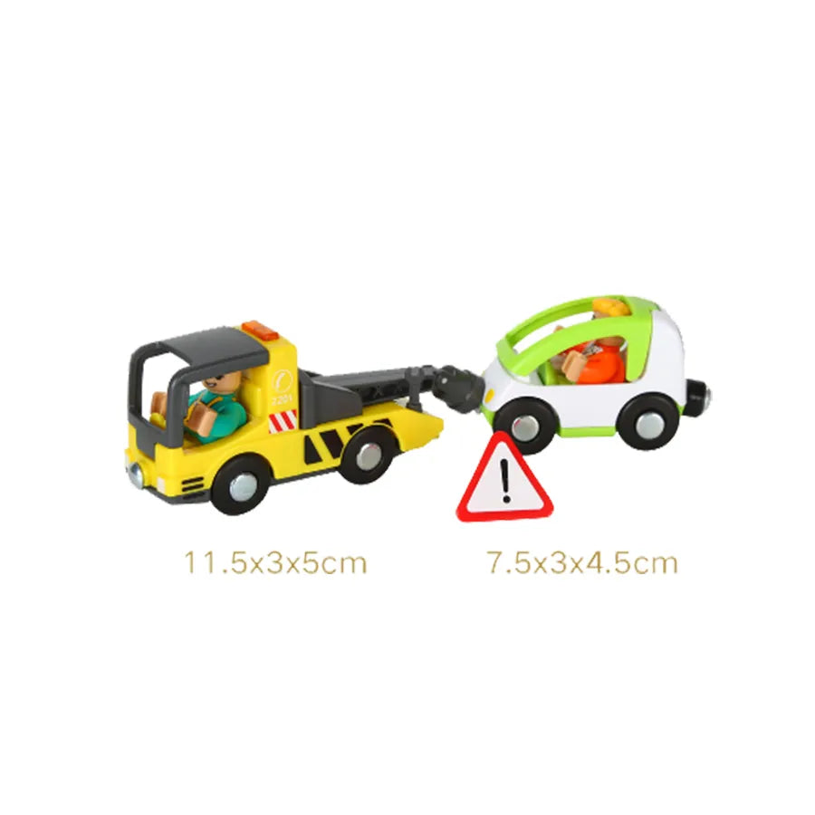 Toy tow truck with trailer and warning triangle on a white background