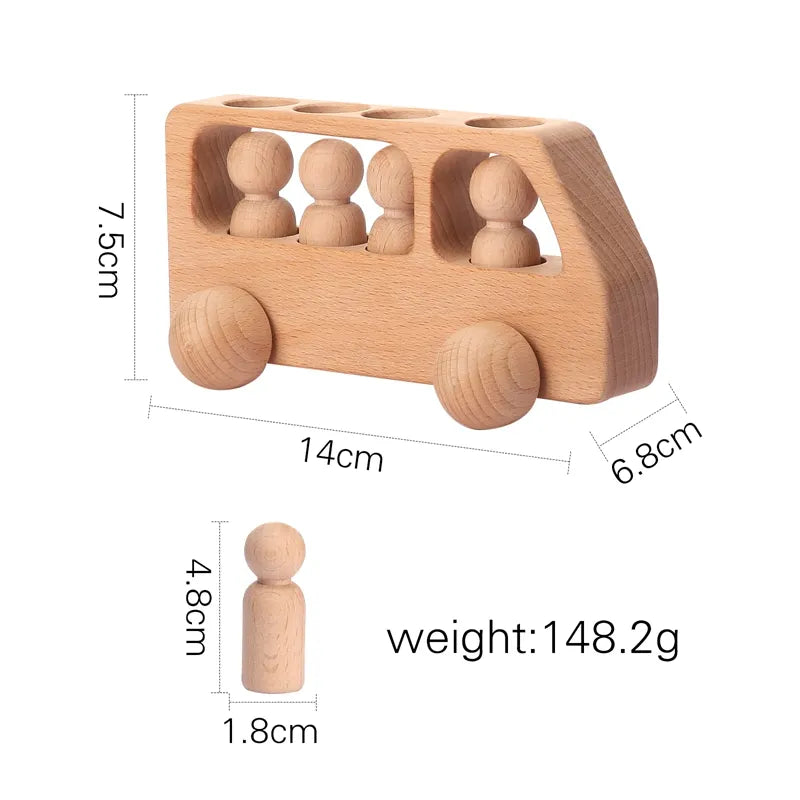 Wooden toy bus with dimensions and weight on a white background