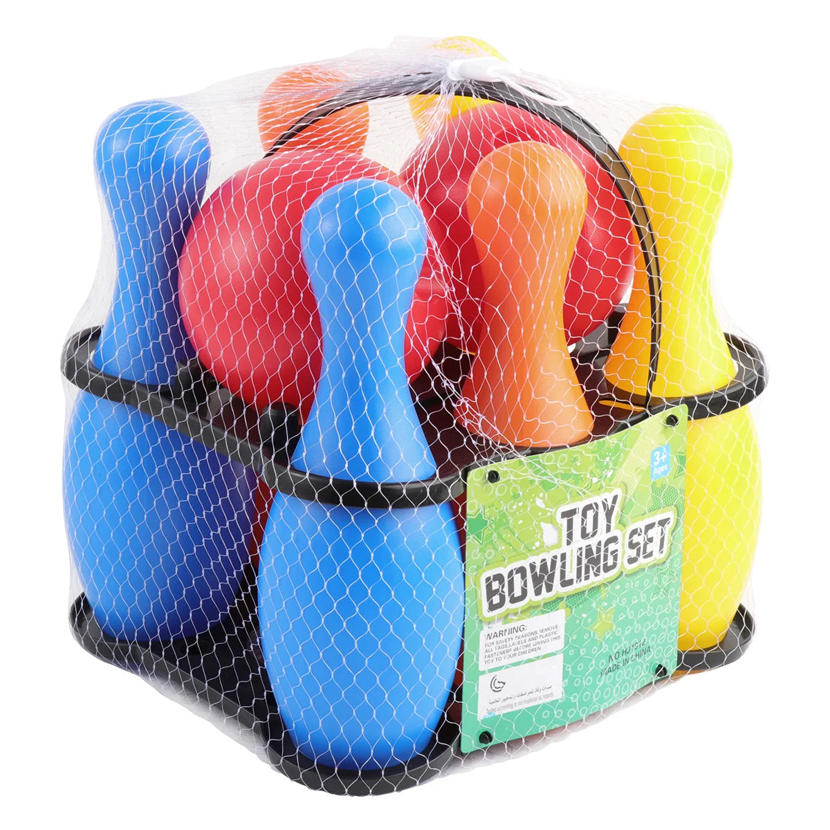 Toy bowling set with colorful pins and ball in packaging on a white background