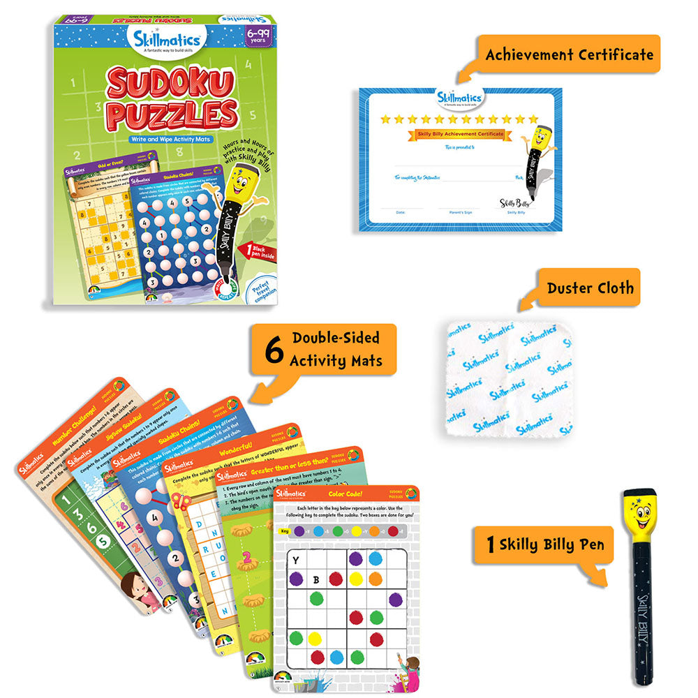 Skilled Sudoku Puzzles set with achievement certificate, duster cloth, double-sided activity mats, and Skilly Billy Pen on a white background.