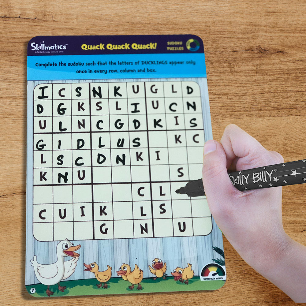 Sudoku puzzle with duck-themed design on a wooden surface