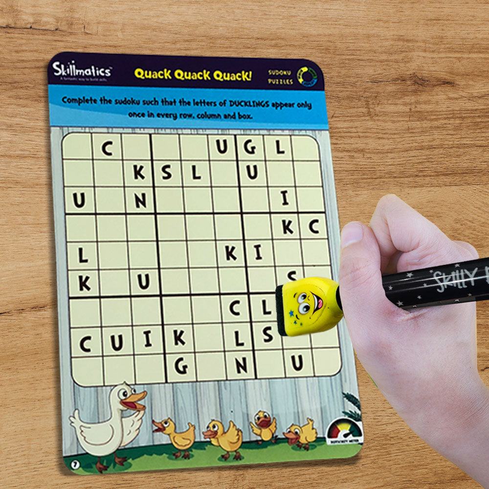 Sudoku puzzle with duck-themed design on a wooden surface