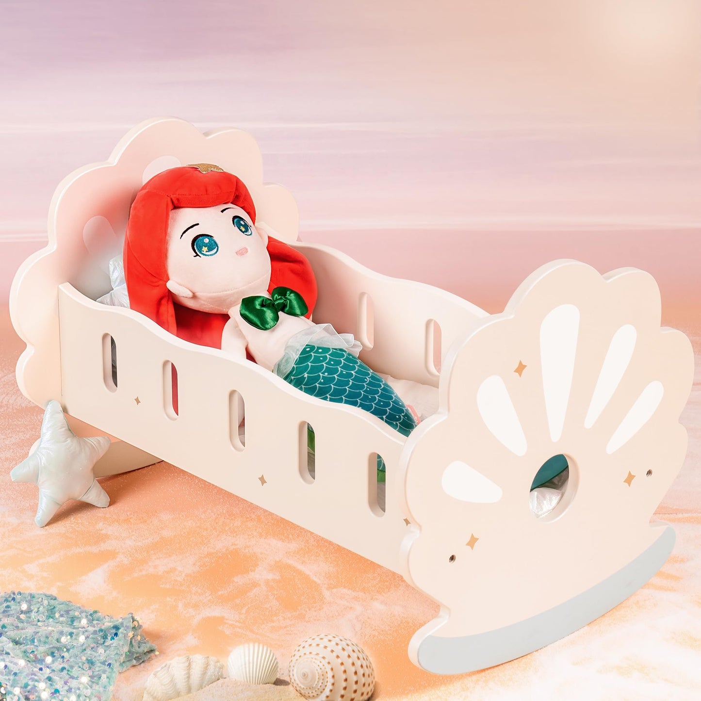 Baby doll crib with soft bedding and pillow set