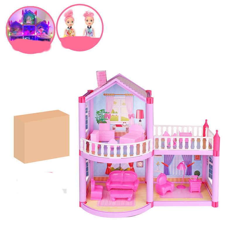 Pink dollhouse with furniture and two dolls on a white background