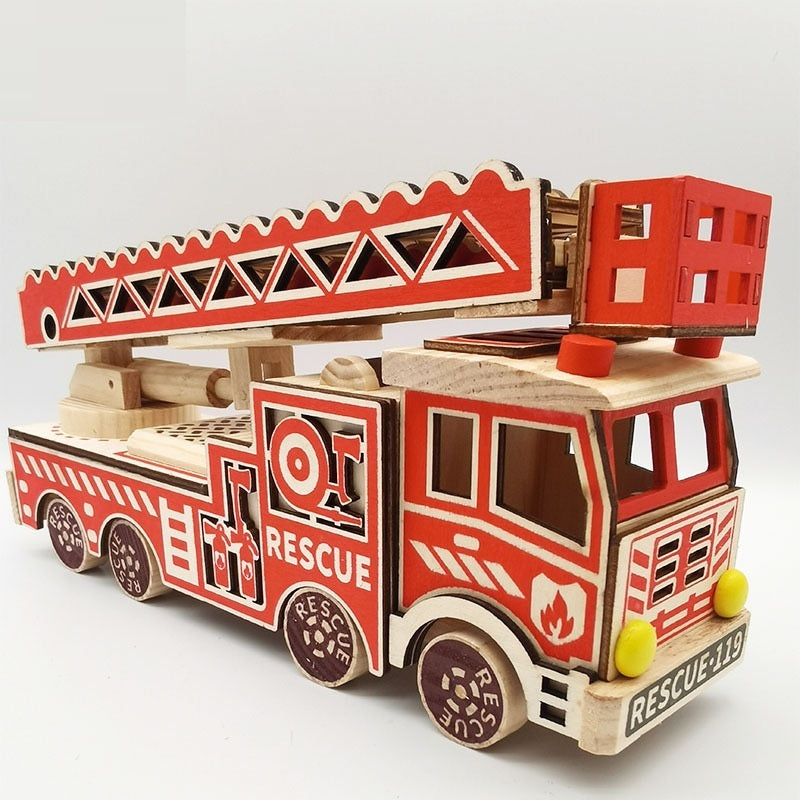 Wooden toy fire truck with red and brown colors on a white background