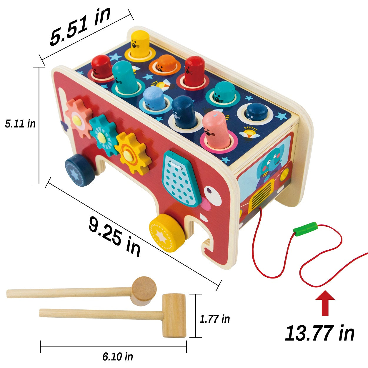 Colorful wooden toy with measurement details on a white background
