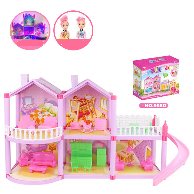 Toy dollhouse with furniture and two dolls, displayed with packaging on a white background.