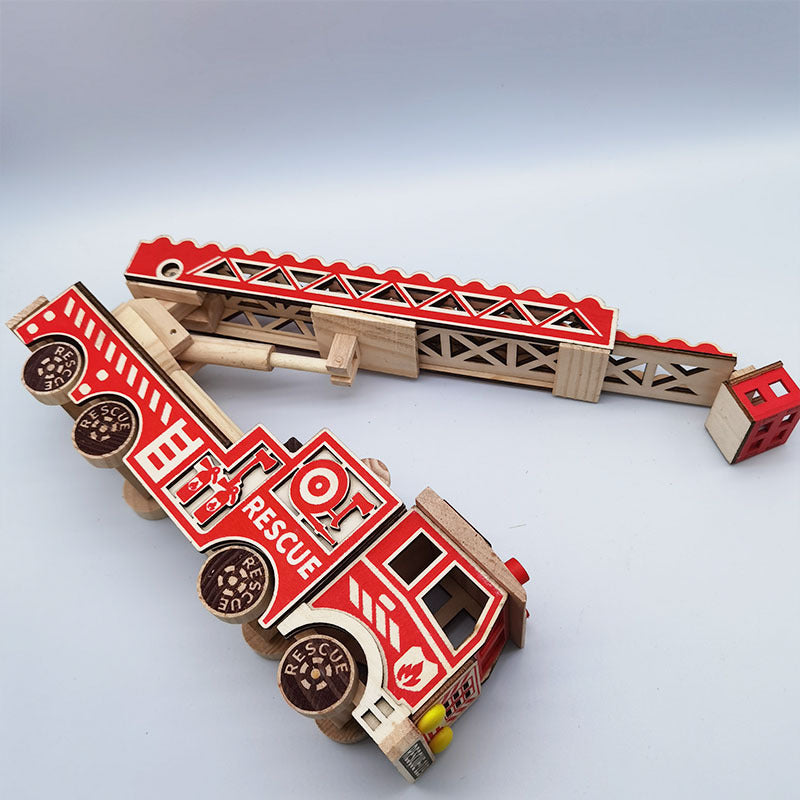 Wooden toy fire truck with red and brown colors on a light gray background