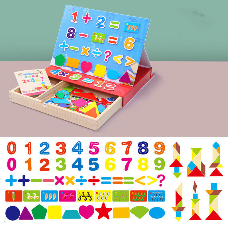 Educational toy set with colorful numbers, shapes, and symbols on a table.