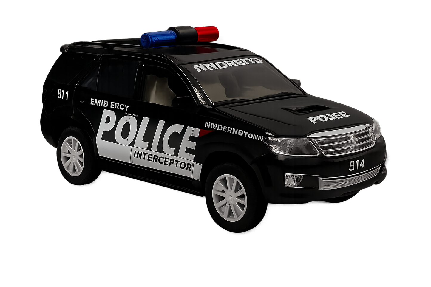 Model police car with 'POLICE' and 'INTERCEPTOR' text on a white background