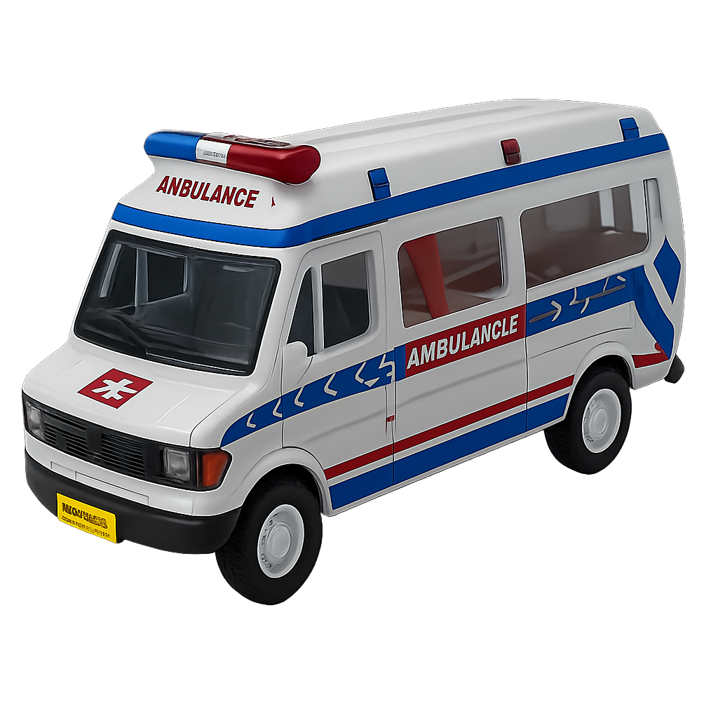 Model ambulance toy with red, white, and blue colors on a white background