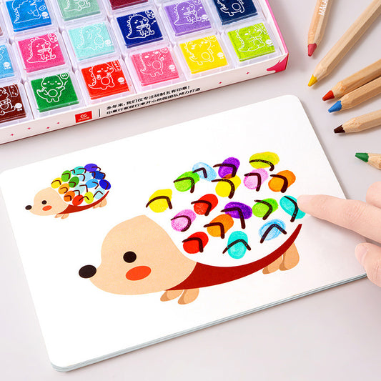 Colorful hedgehog stamp set with ink pads and stamps on a white surface