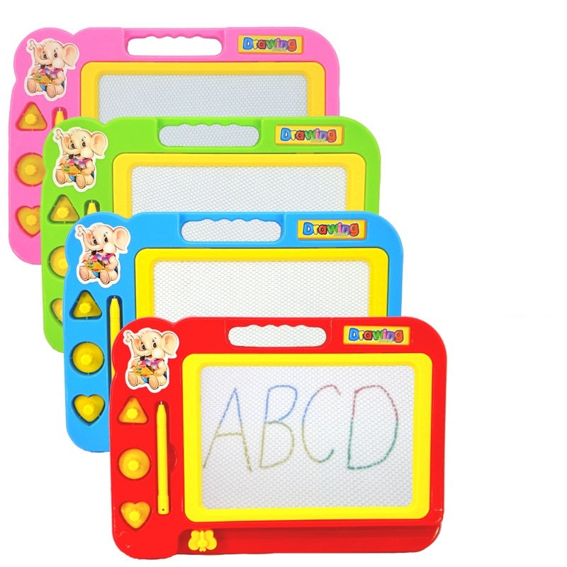 Set of colorful children's drawing boards with magnetic letters on a white background