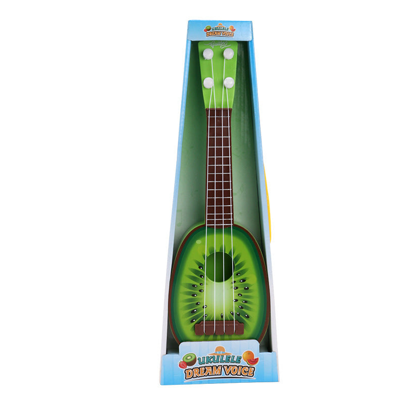 Toy guitar shaped like a kiwi fruit in packaging on a white background