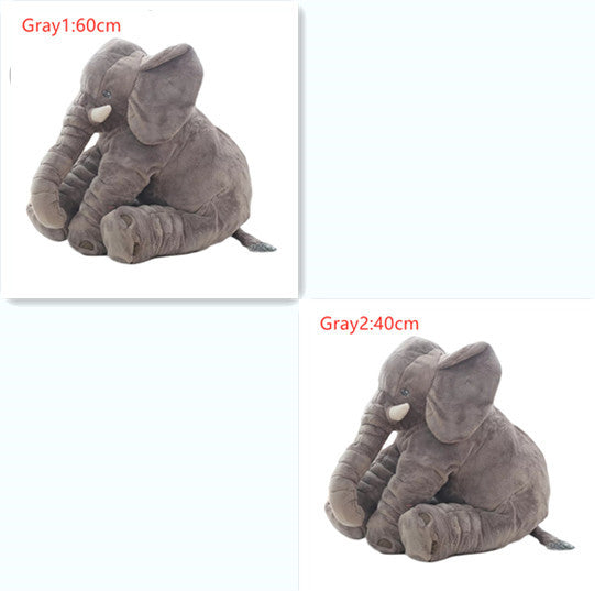 Two gray plush elephants with measurements on a white background