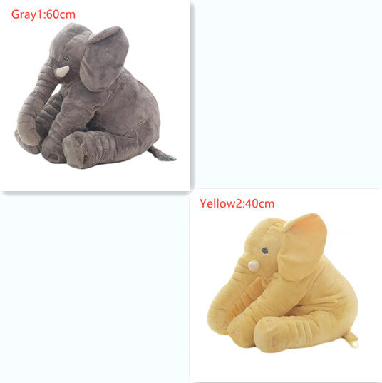 Two plush elephant toys, one gray and one yellow, on a white background.