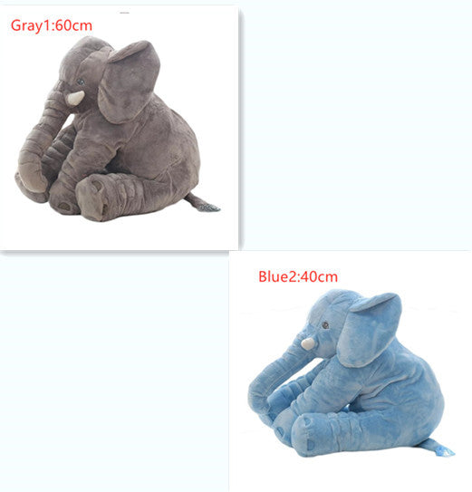 Two plush elephant toys, one gray and one blue, on a white background.