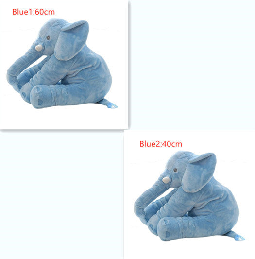 Two blue plush elephant toys with measurements on a white background