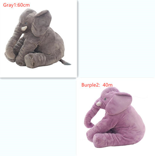 Two plush elephant toys, one gray and one purple, on a white background.