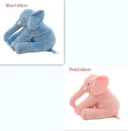 Two plush elephants, one blue and one pink, with dimensions indicated.