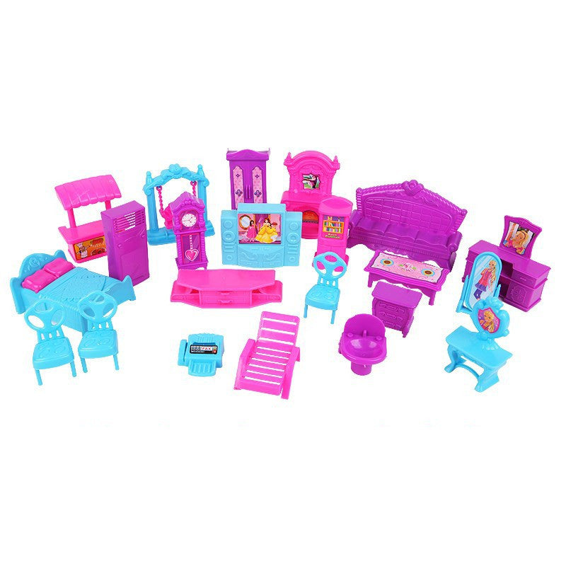 Set of colorful toy furniture pieces on a white background