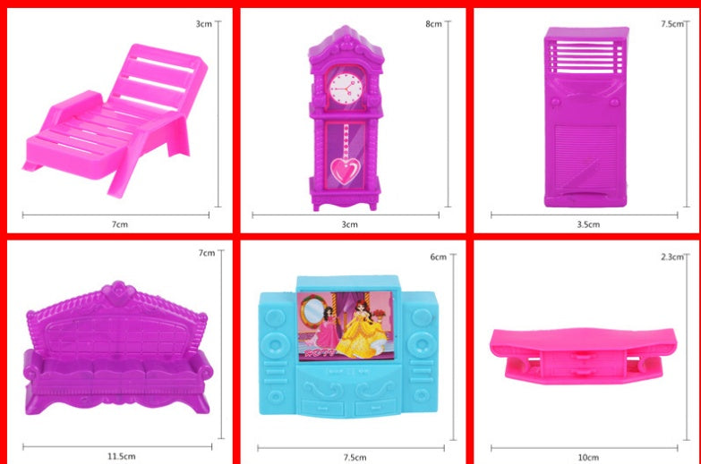 Set of purple and pink toy furniture with measurements on a white background
