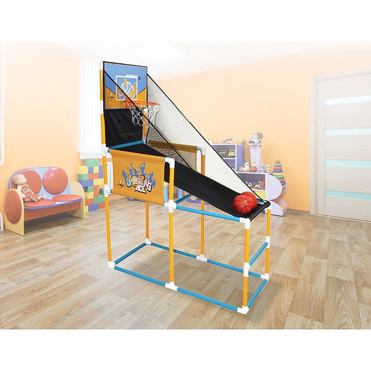 Children's basketball hoop set with toy basketball on a wooden floor.