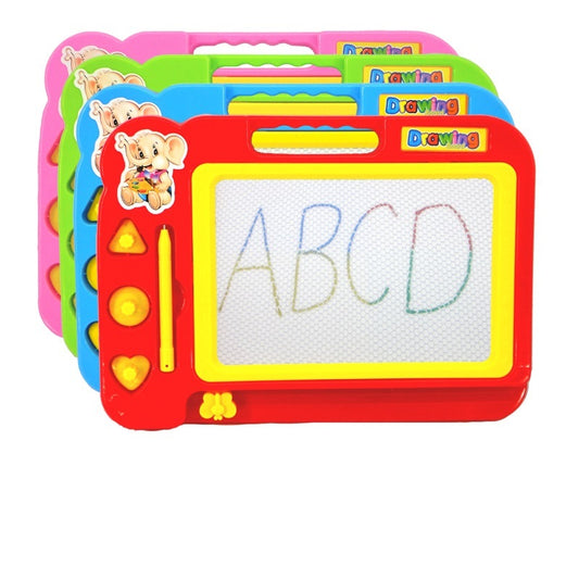 Colorful children's drawing board with magnetic letters and a pen, featuring the word 'Drawing' on the packaging.