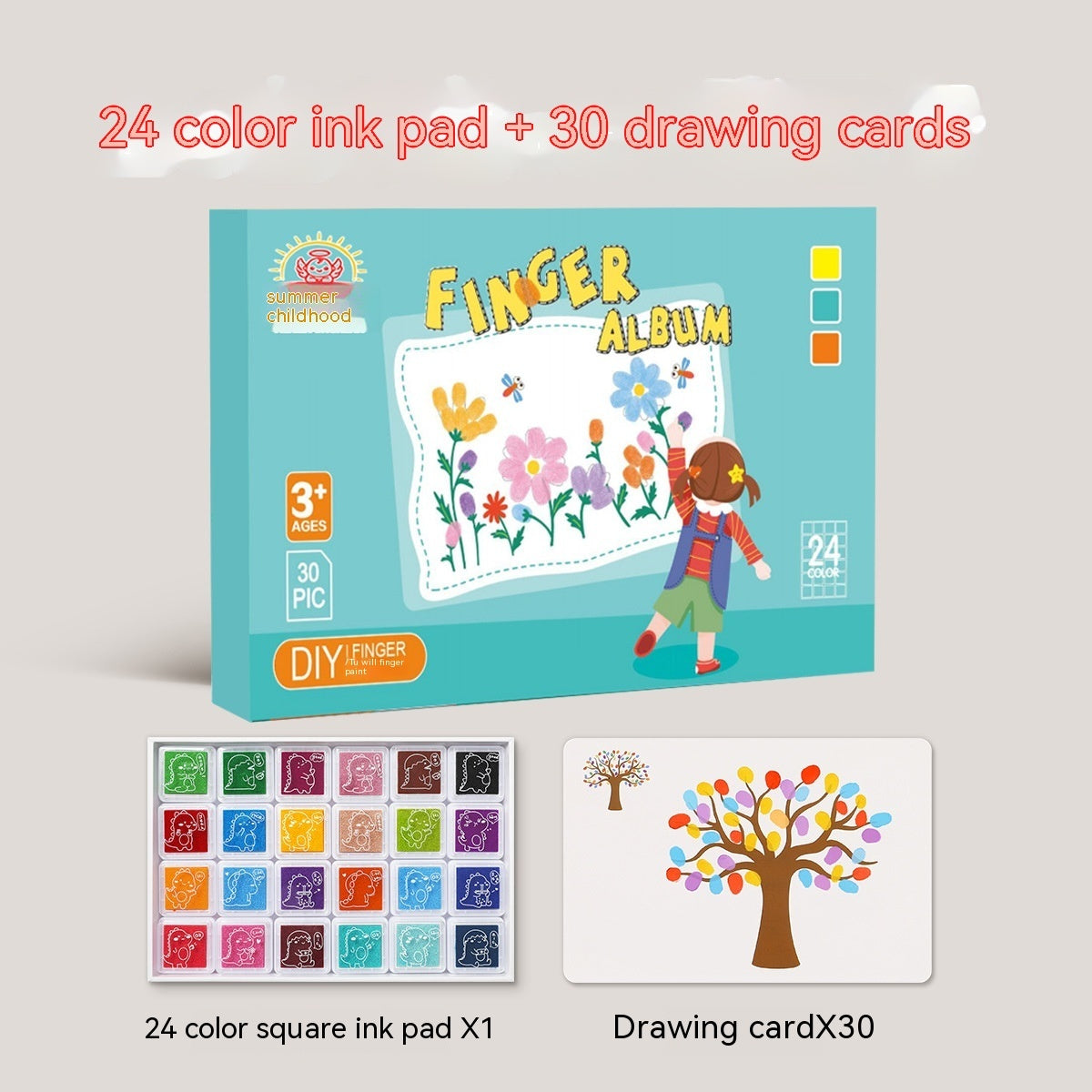 Finger album packaging with color ink pad and drawing cards on a light gray background