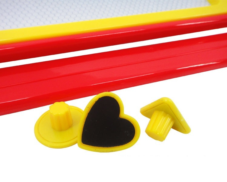 Red and yellow pool noodles with three yellow floaters on a white background