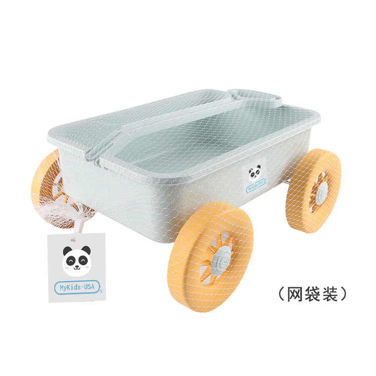 Clear plastic container with wheels and panda design on a white background