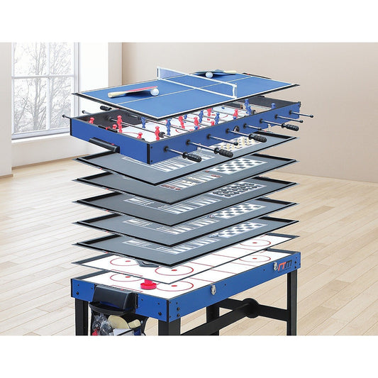 12-in-1 multi game table featuring foosball, soccer, basketball, hockey, pool and other games