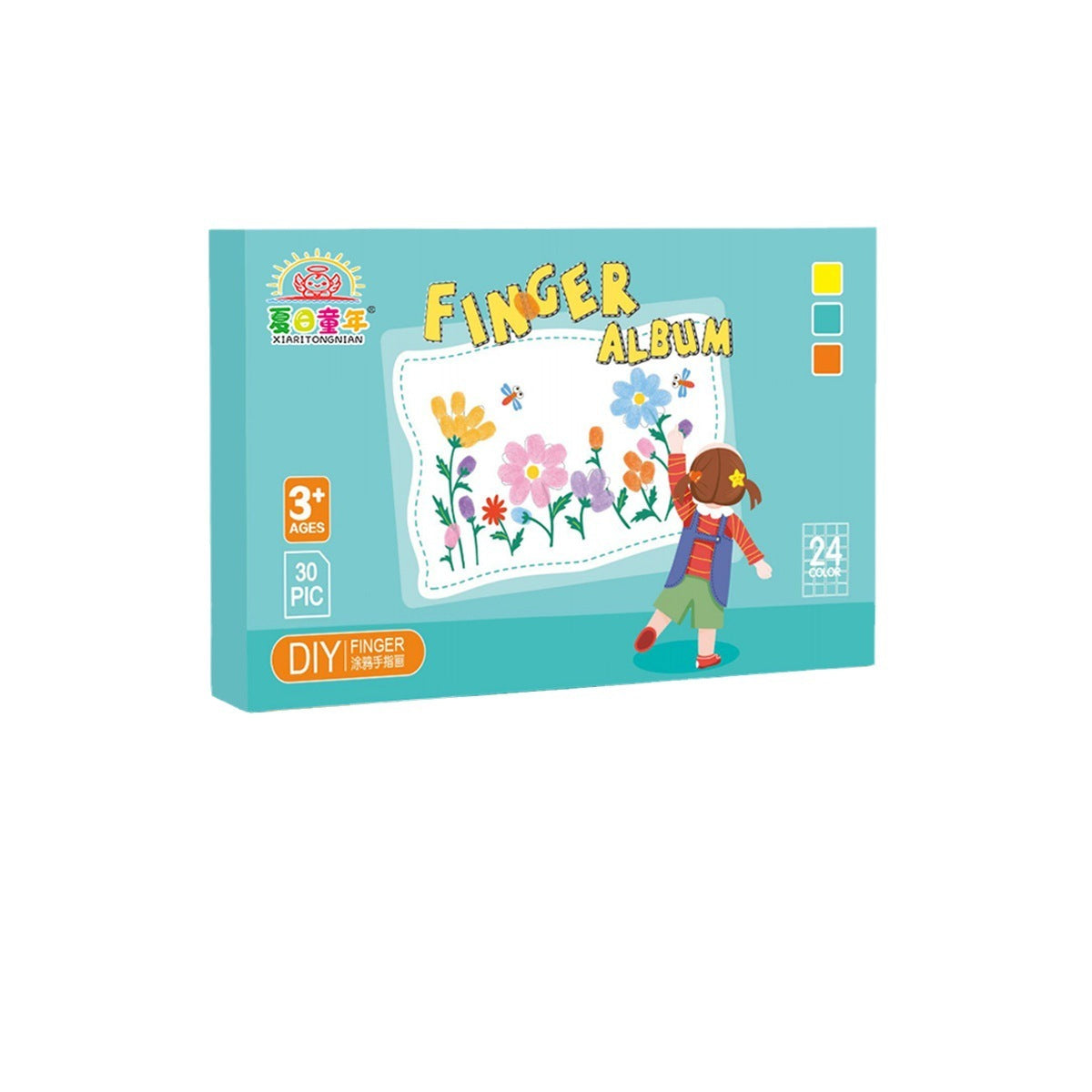 Finger album packaging with a child and flowers on a blue background