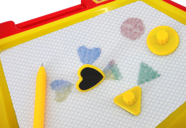 Children's magnetic drawing board with colorful shapes and a pen.