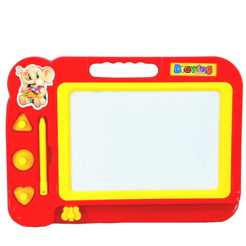 Children's drawing board with red and yellow frame, cartoon elephant, and drawing tools on a white background.