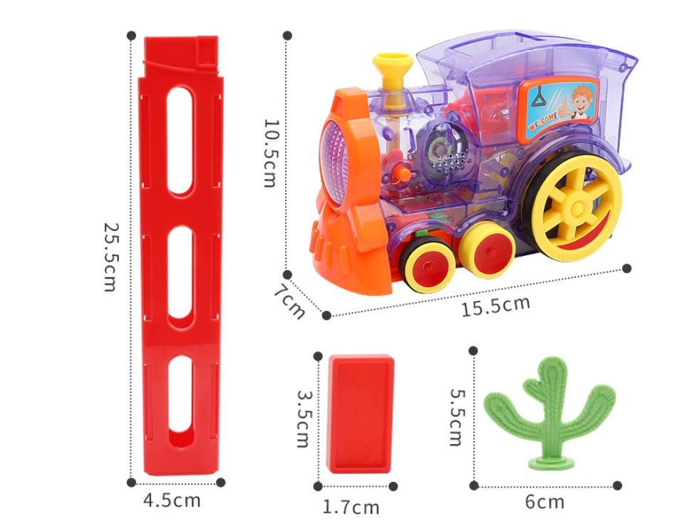 Toy train with dimensions labeled on a white background