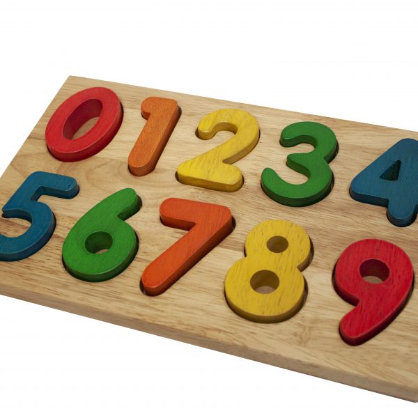 Wooden number puzzle with colorful numbers on a white background