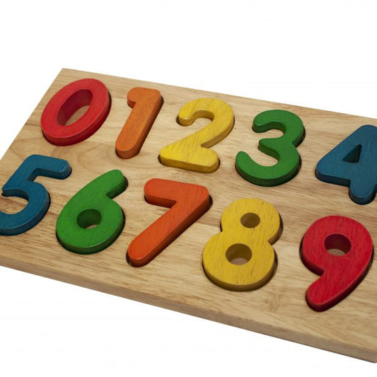 Wooden number puzzle with colorful numbers on a white background