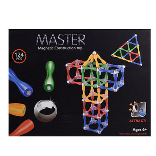 Box of Master magnetic construction toy with colorful magnetic pieces on a black background