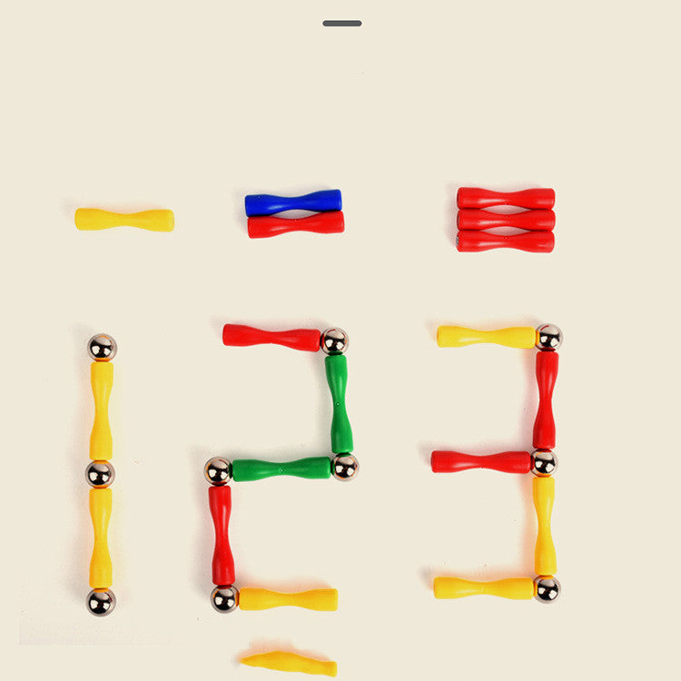 Colorful letter 'E' made of interlocking pieces on a beige background